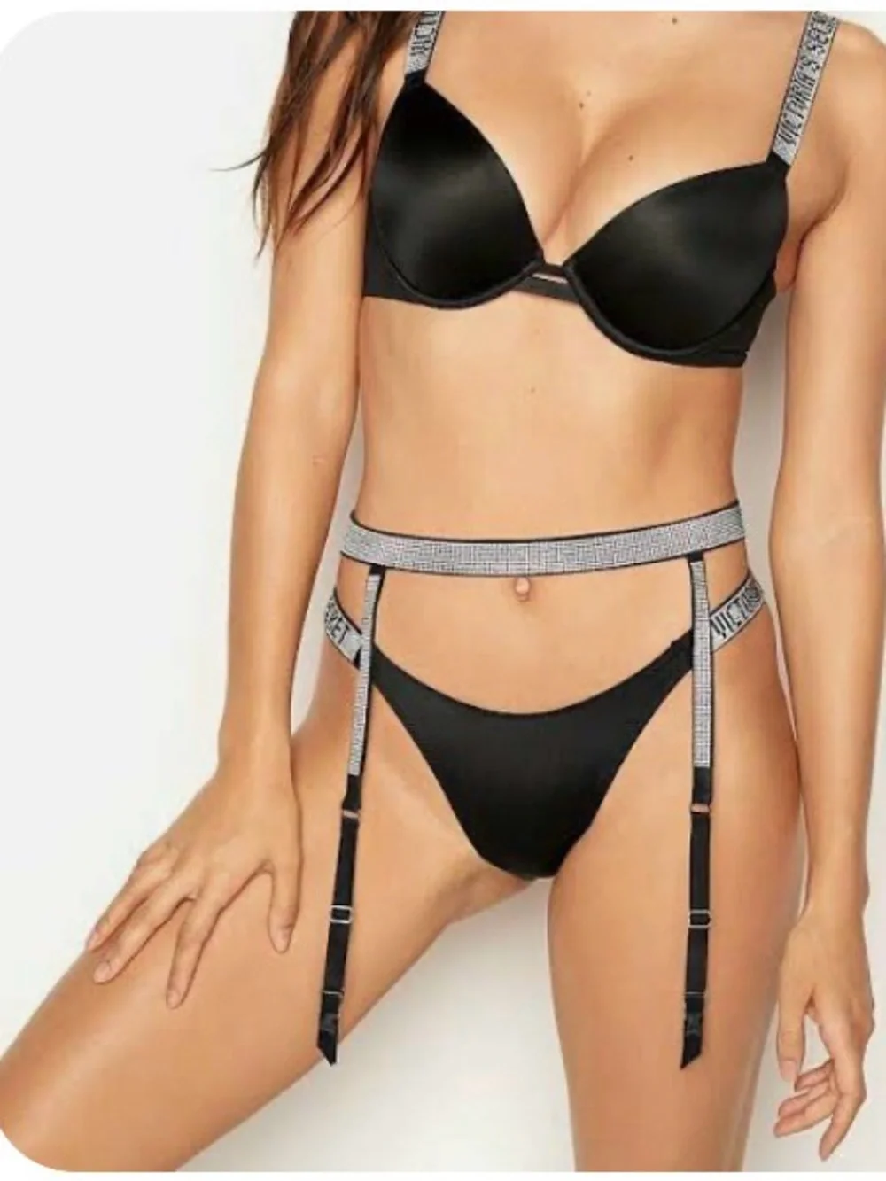 Victoria’s Secret Very Sexy Rhinestone Bra 36DD & Garter Belt M/L Black
